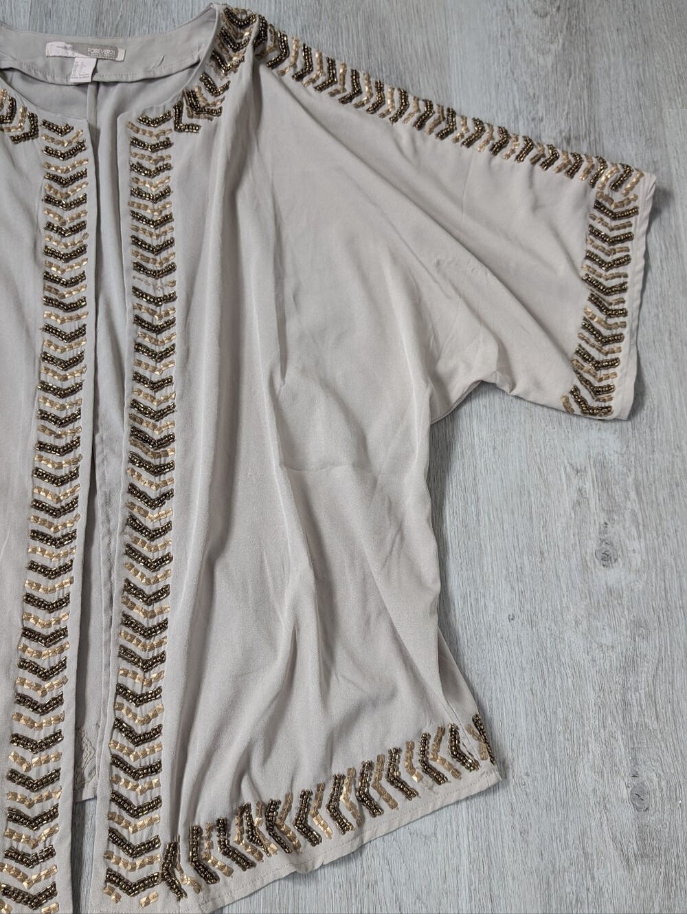 Forever 21 Boho Taupe Chevron Beaded Trim Open Front 3/4 Sleeve Kimono Jacket L - Picture 3 of 12